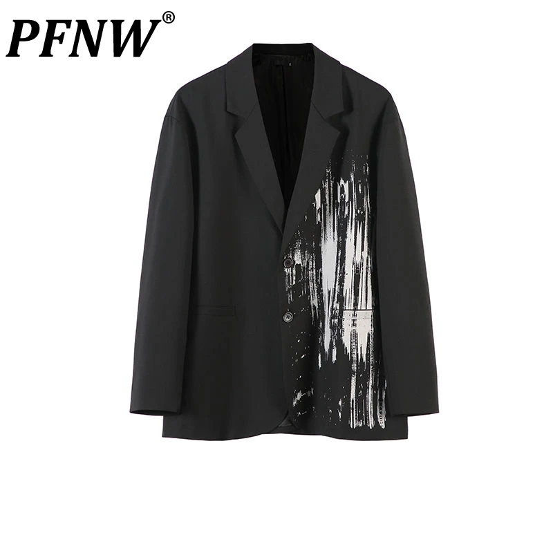 

Уличная мода PFNW, Новинка осени 2021, мужской костюм с воротником с галстуком и окрашенным лацканом и белым принтом, крутой красивый блейзер дл...