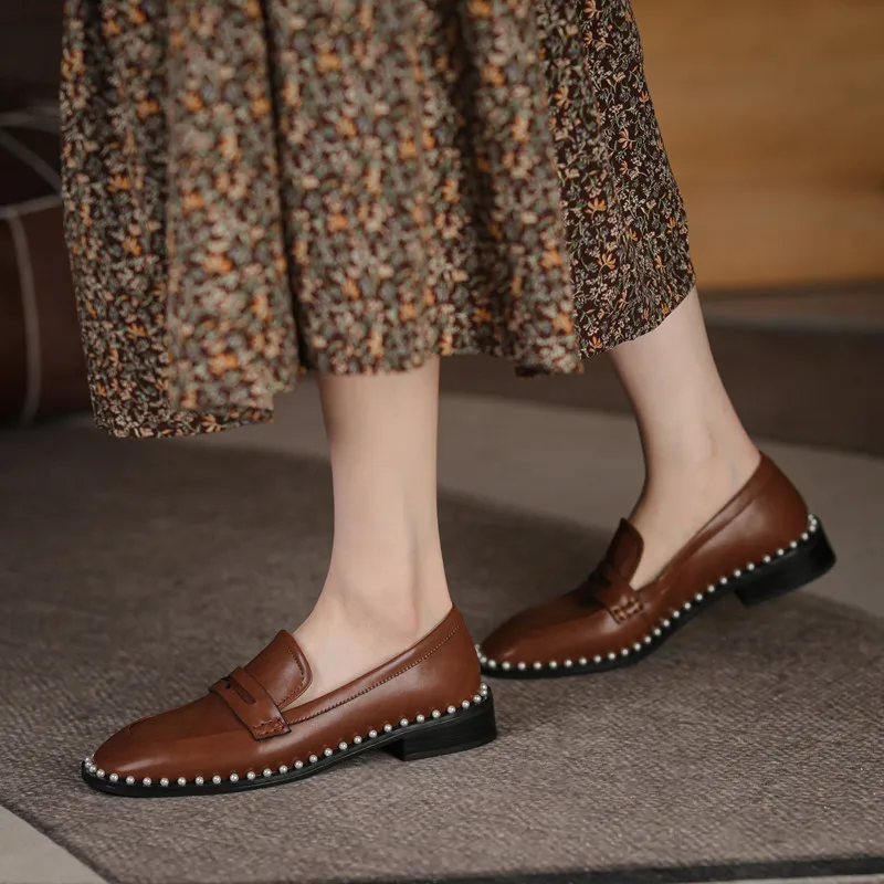 

FEDONAS Round Toe Shoes Woman Heels 2021 Spring Pearl Decoration Chunky Heels Pumps Newest Genuine Leather Working Women Shoes