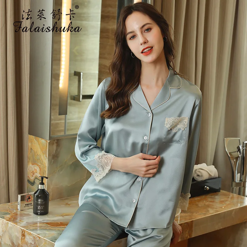 

19 Momme Sweet lace 100% genuine silk pajamas sets women sleepwear sexy spring winter Mulberry Silk women pyjamas T8282