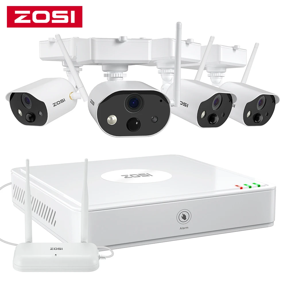 

ZOSI Wire Free Battery Surveillance System Outdoor 4Channel NVR 4 1080p Rechargeable Battery Powered Security Cameras,TF Card