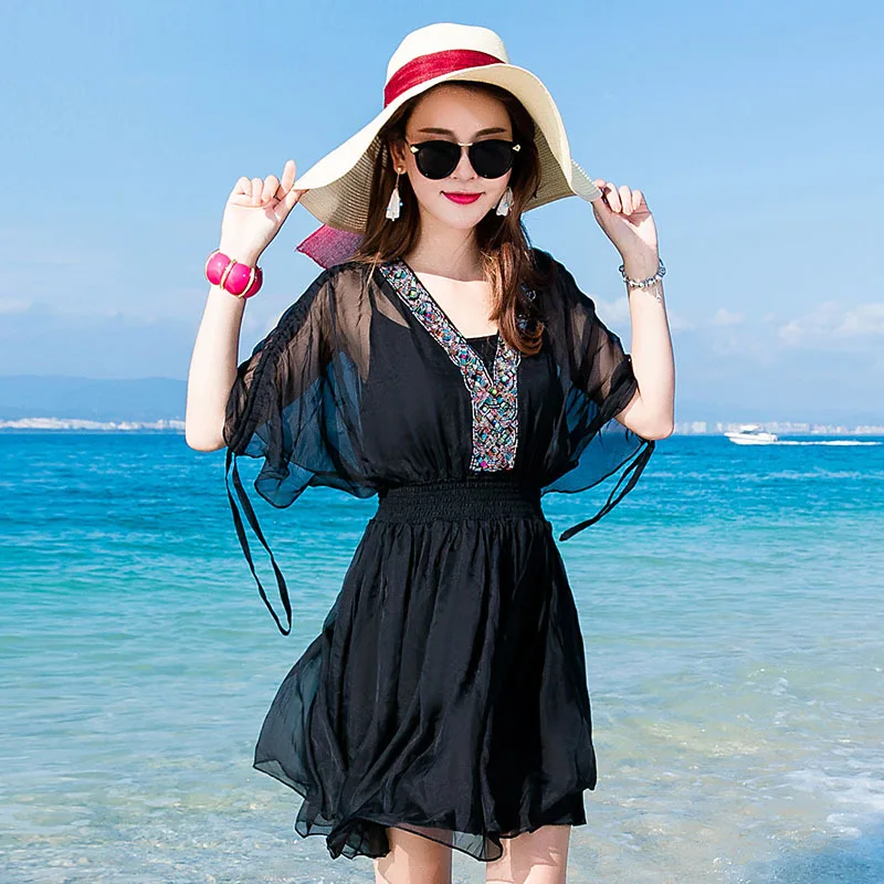 Летнее пляжное Черное женское мини-платье вечерние платья в стиле бохо