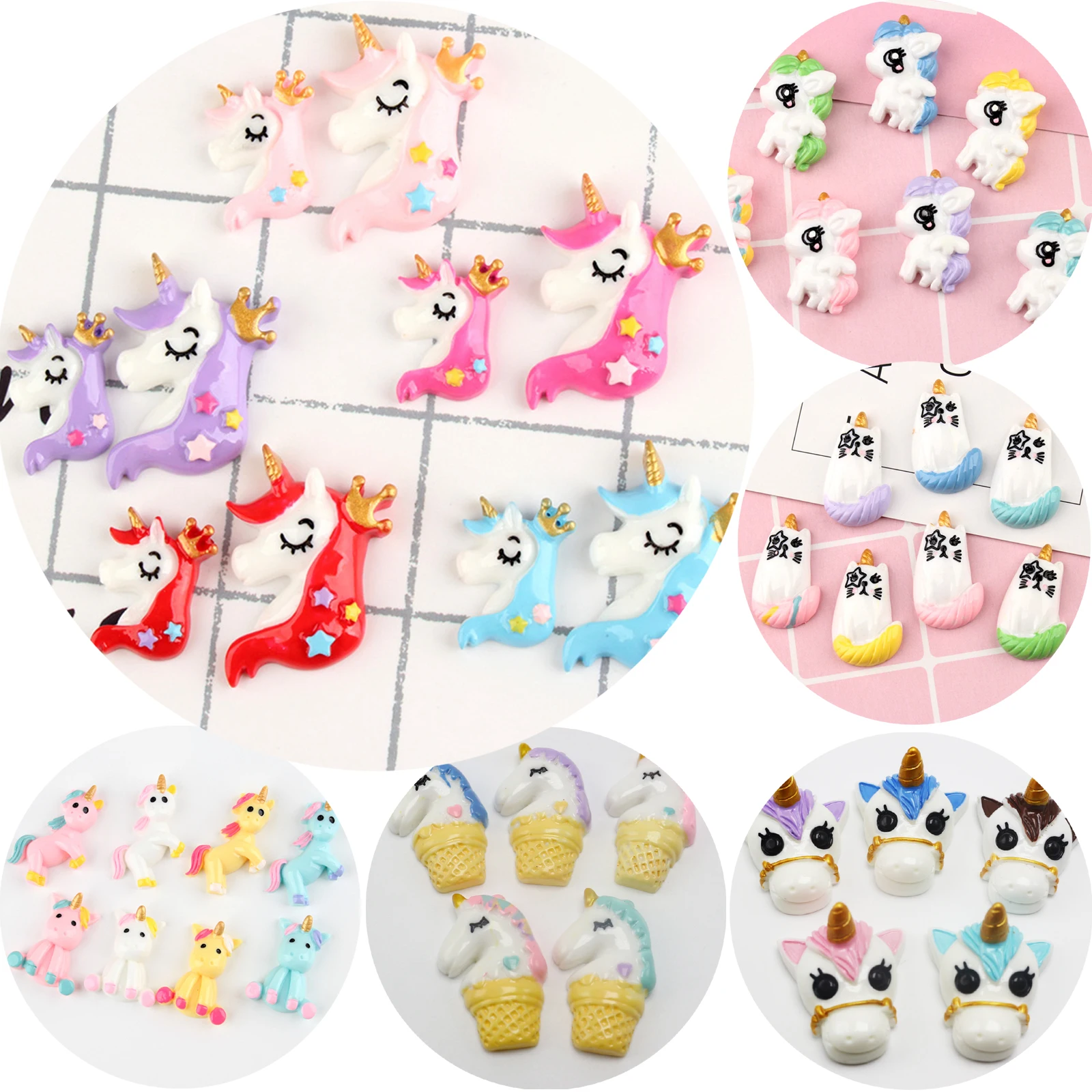 

10pcs Flatback Resin Unicorn Cabochons Various Style for Scrapbooking Craft DIY