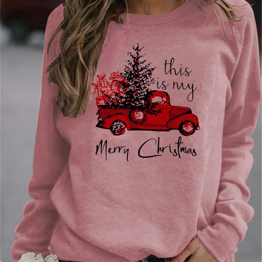 

All-match Capless Merry Christmas letter print crew neck Black letters Cute pattern sweatshirt Autumn winter clothing