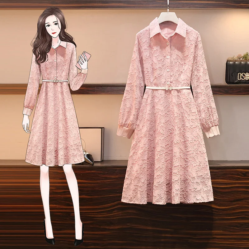 

4XL Plus Size Women Pink Elegant Shirt Dresses Spring 2021 Fashion Turn-down Collar Long Sleeve Ladies Jacquard Chiffon Dress