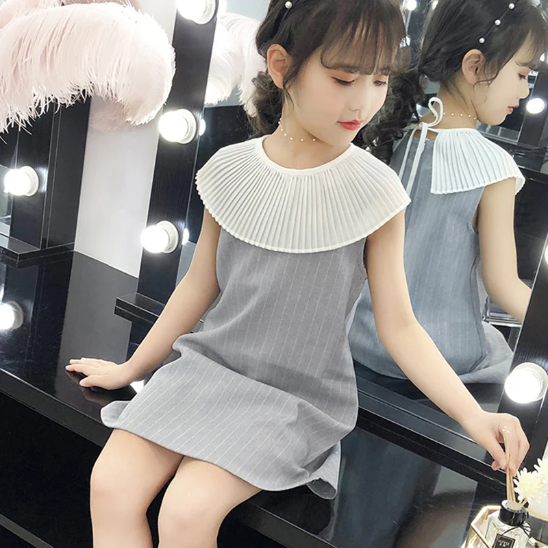 

Kids Children Girls Cotton Dresses Long Sleeve Flower Applique Striped Peter Pan Collar Cute Girl Party Dress 6 8 10