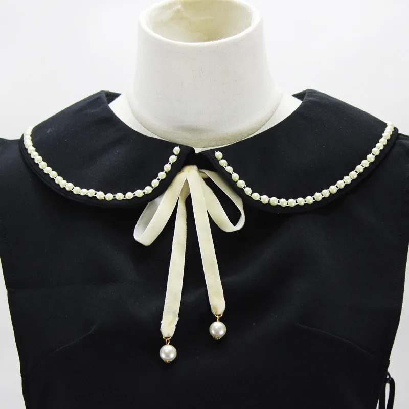 

Peter Pan Bow Tie Fake Collar Women Ladies Simulated Pearl Doll False Collar Removable Half Shirt Blouse Lapel