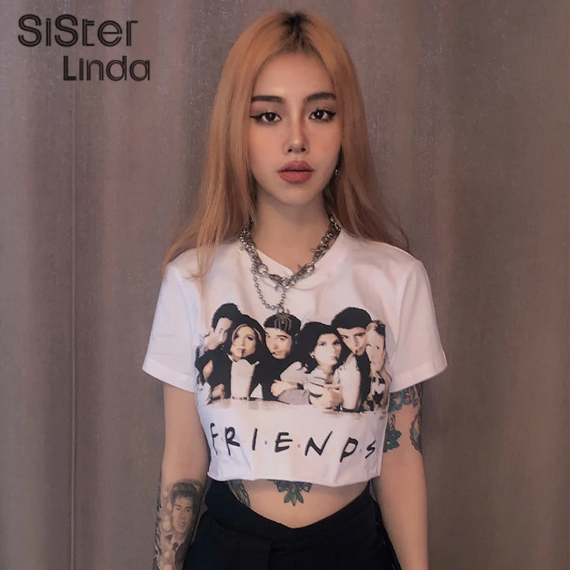 Женский эластичный укороченный топ с принтом из мультфильма Sisterlinda футболка