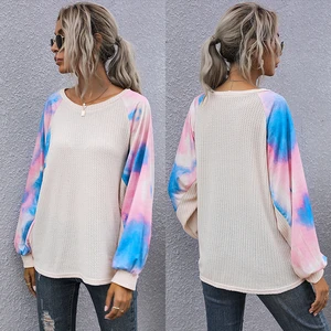 2021 Autumn O-Neck Stitching Pullover Bottoming Shirt Loose Tie-dye Long Sleeve T-shirt Women Fashion Tops Aesthetic Clothes