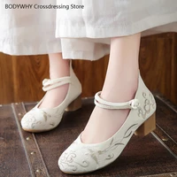 new cloth shoes national style retro embroidered hanfu with ancient style buckle medium high heel womens shoes
