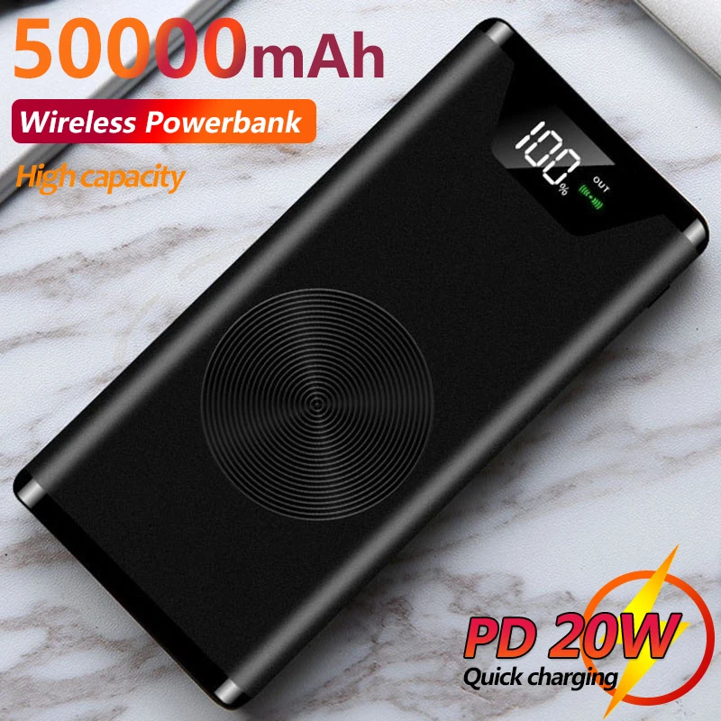 

50000mAh Wireless Charger Mobile Power with Digital Display 2USB Portable Charger External Battery for Xiaomi IPhone Samsung