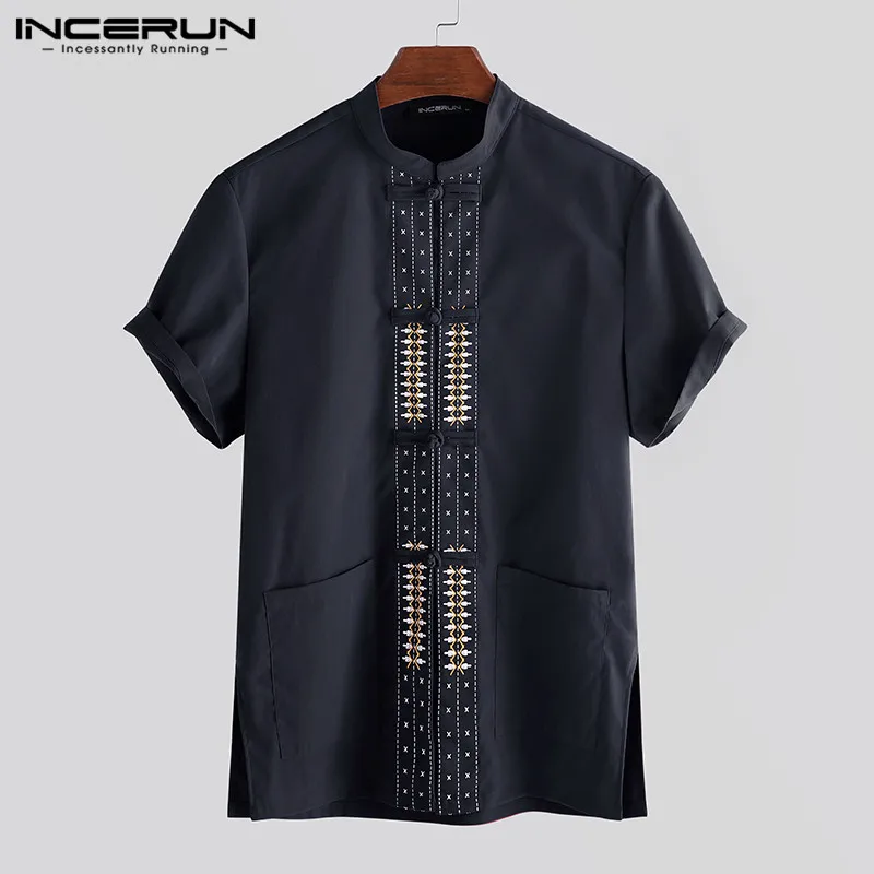 

Мужская рубашка с короткими рукавами, Повседневная рубашка в китайском стиле с принтом и воротником-стойкой, уличная одежда на пуговицах, л...