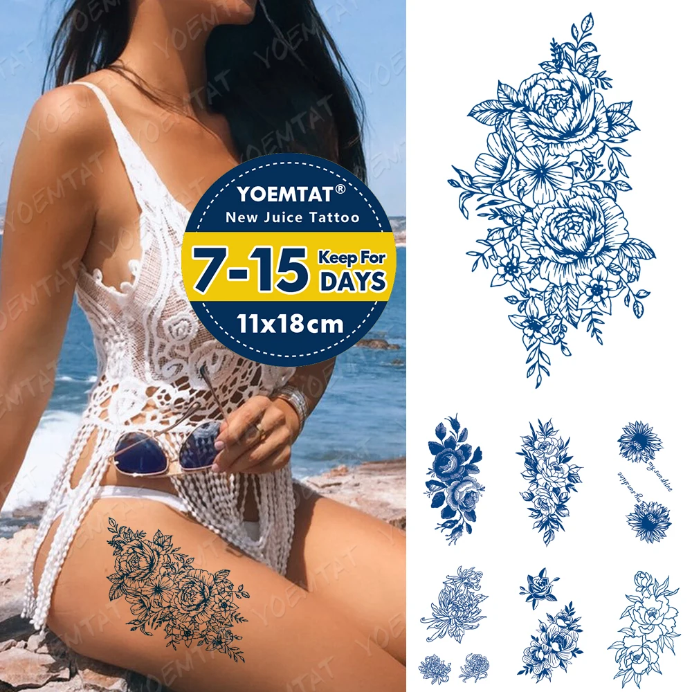 

Juice Ink Lasting Waterproof Temporary Tattoo Sticker Peony Rose Flower Sunflower Flash Tattoos Woman Body Art Fake Tatto Male