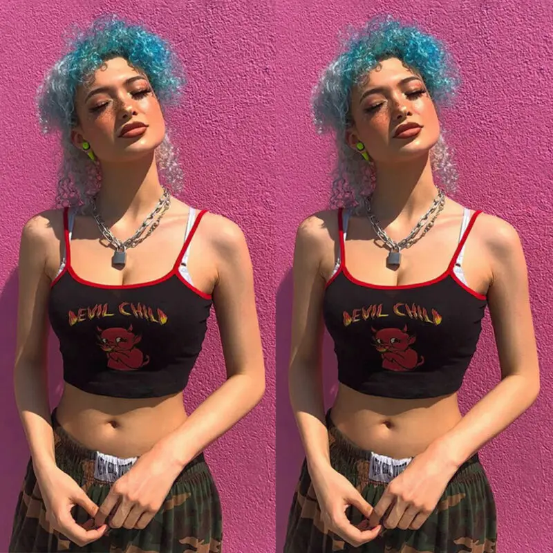 Женский укороченный топ с принтом дьявола Meihuida однотонный эластичный облегающий