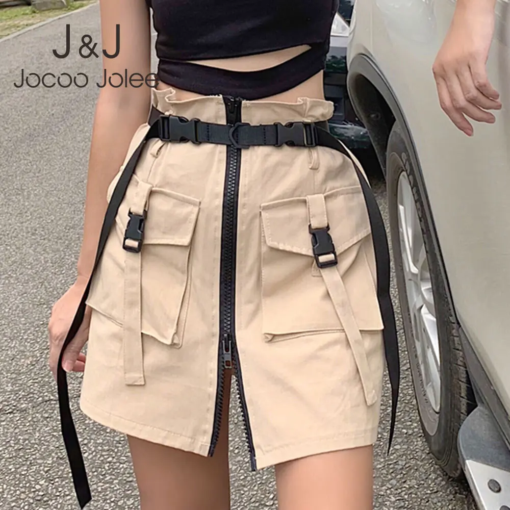 Женская мини юбка с высокой талией летняя декоративная Черная поясом и карманами