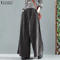 vintage corduroy pants womens wide leg trousers zanzea 2021 casual elastic waist long pantalon female solid turnip