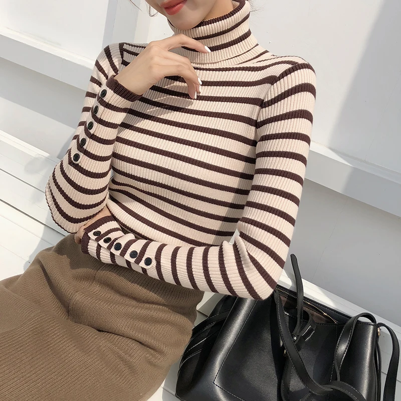 

Turtleneck Striped Knitted Pullover Sweater Women Slim Basic Full Sleeve Jumpers Korean Fashion Casual Female Tops 2021