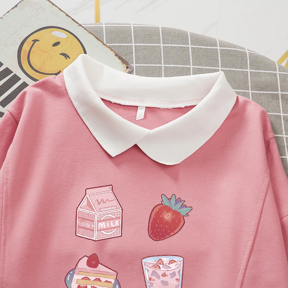 Kawaii Clothing Aesthetic Sweetshirt Strawberry Milk Hoodies Plus Size Woman Cutesy Japanese Women Turn-down Collar Sweatshirts