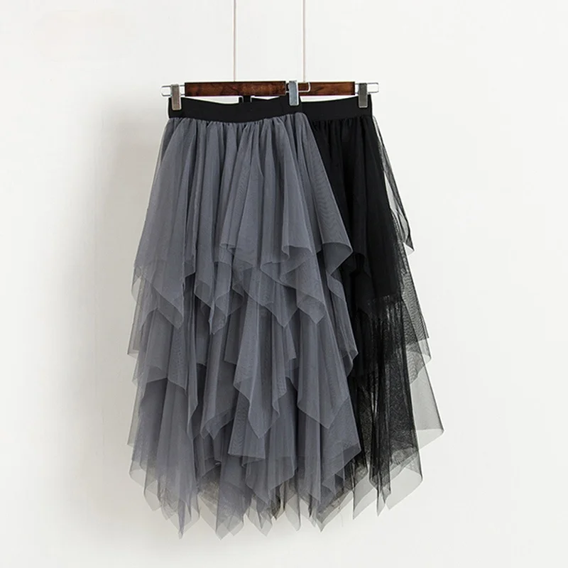 

Women High Waist Summer Tulle Skirts Mesh Skirt Hem Asymmetrical Pleated Midi Skirt Female Black Pink Mid-calf Skirts Fairy NEW