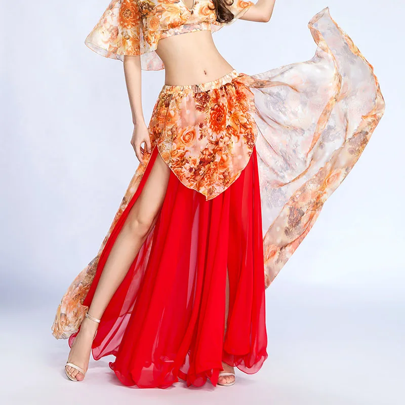 Женская шифоновая юбка для танца живота макси с цветочным принтом и разрезом