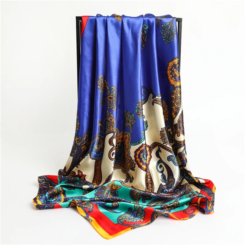 

90*90cm Satin Silk Square Scarf Women Hijab Headband Muslim Shawls Bag Wrap Bandana Fashion Print Neckerchief Hair Band Foulard