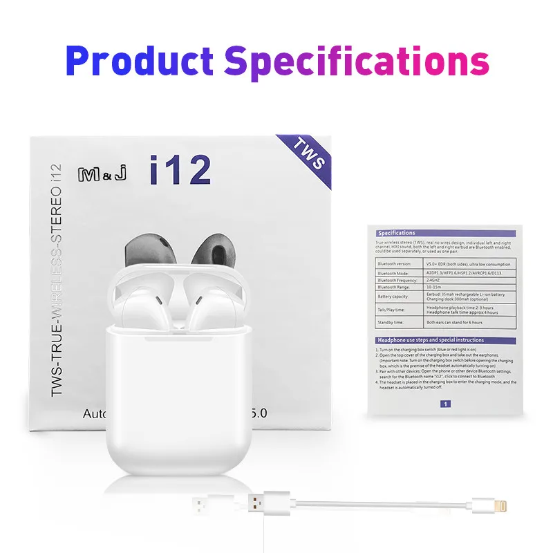 Белый Беспроводные наушники Bluetooth 5,0 I12 Tws Air Ear 6D стерео сабвуфер гарнитура с зарядным устройством для IPhone Android PK W1 чип - Цвет: Белый