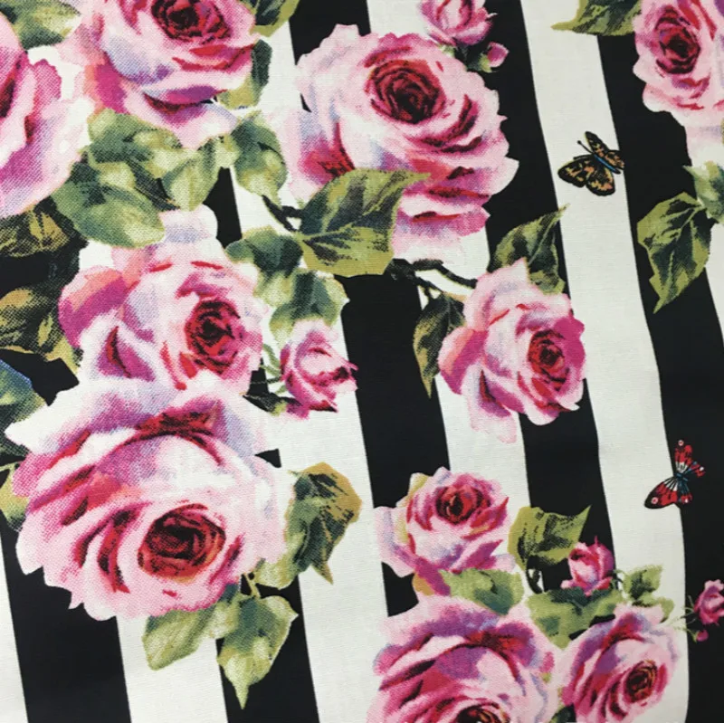Soft Black and White Striped Rose Butterfly Printed Cotton Stretch Fabric for Dress Shirts by the Meter | Дом и сад