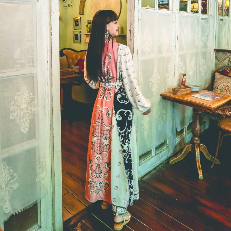 

2021 Fall Summer Newest Bohemian Lantern Sleeve Robe Femme Retro Ethnic Style Totem Pink Loose Maxi Dress Muslim Arabic Clothes