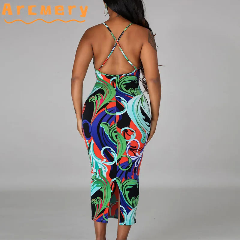 

women halter printed backless slit bodycon midi dress