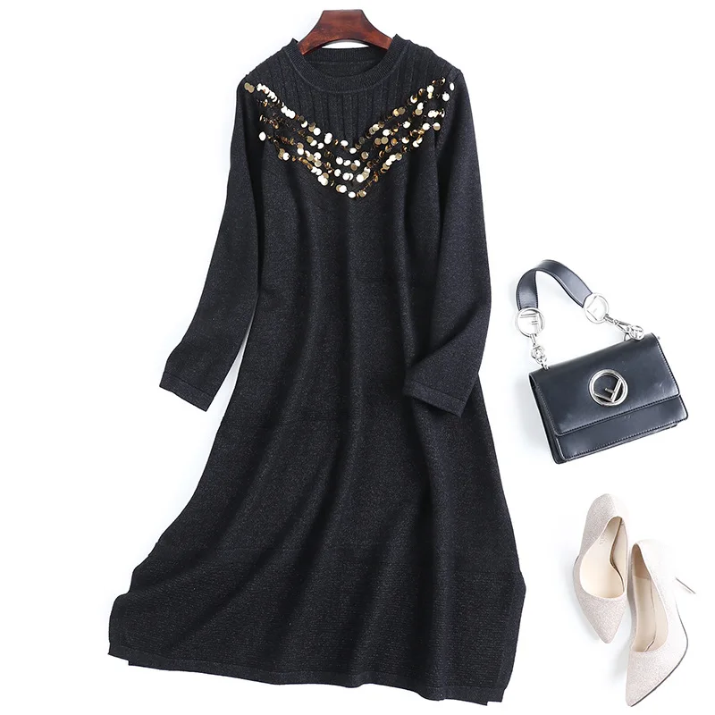 VERDEJULIAY Runway Women Knitted Dress Luxury Autumn Winter High Quality Full Sleeve Sequined Loose Long Dress Vestidos