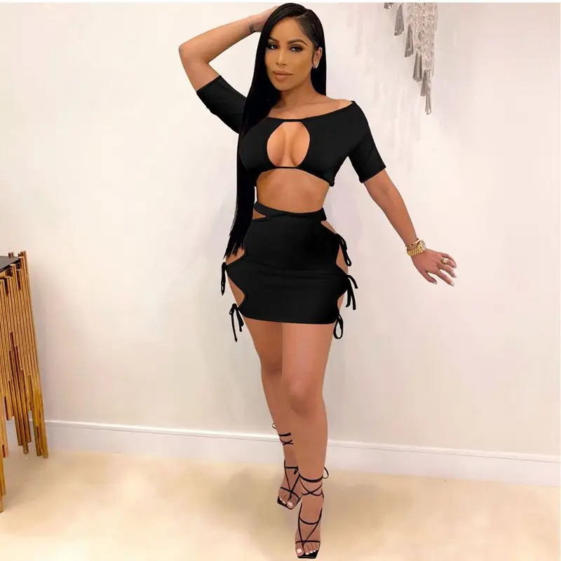 

Комплект из двух предметов Женский, однотонная бандажная футболка с коротким рукавом и юбка, Клубная одежда, уличная одежда, весна-лето