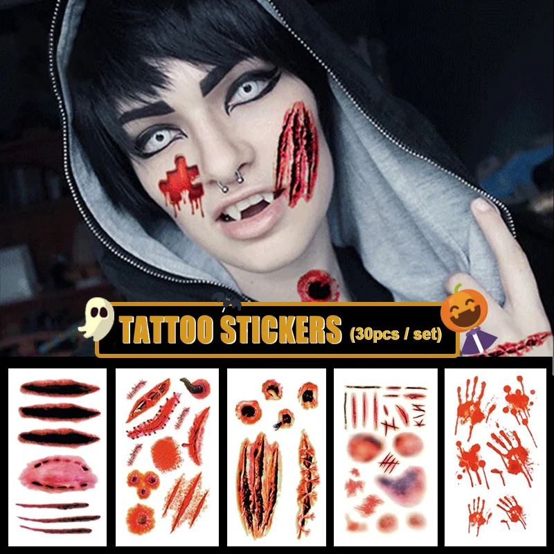 Наклейки на Хэллоуин "30 листов Ужасных временных татуировок на теле для вечеринки маскарадных ран и шрамов для детей и взрослых" - VL16.