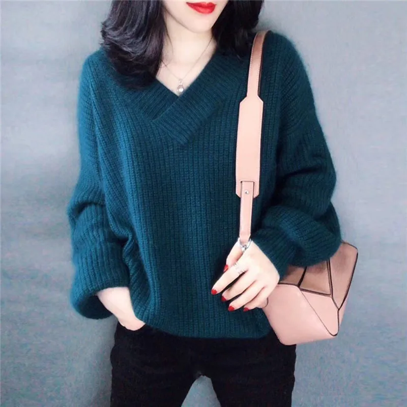 Loose Casual Lantern Sleeve Mohair Thicken Sweater Women Fashion Trend Simple V-neck Solid Color Pullover Sweater