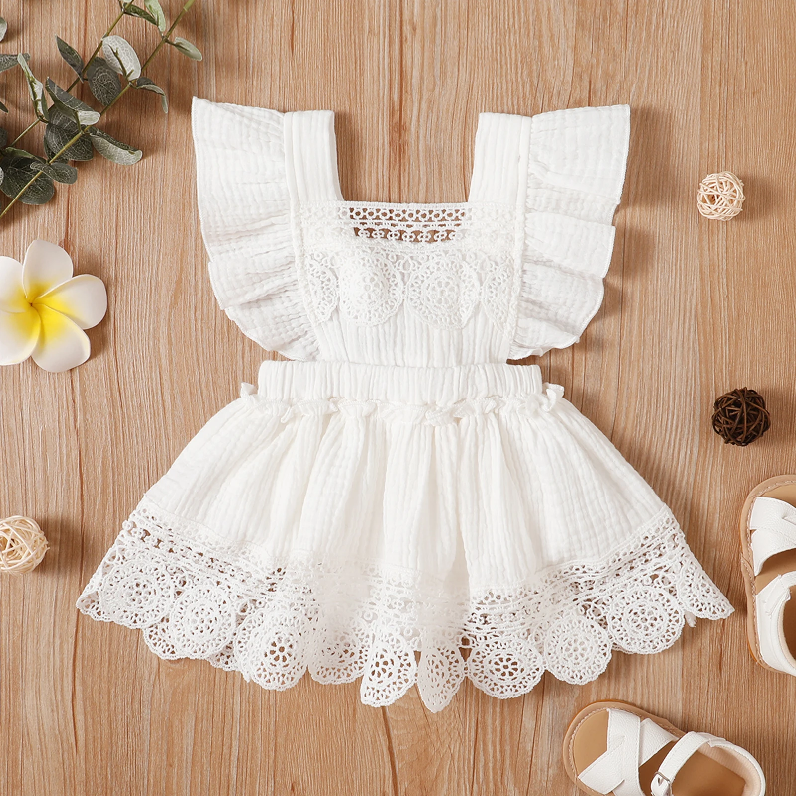 

2021 Summer Newborn Newborn Infant Kids Romper Baby Solid Color Lace Trim Square Collar Fly Sleeve Body suit White 0-24 Months