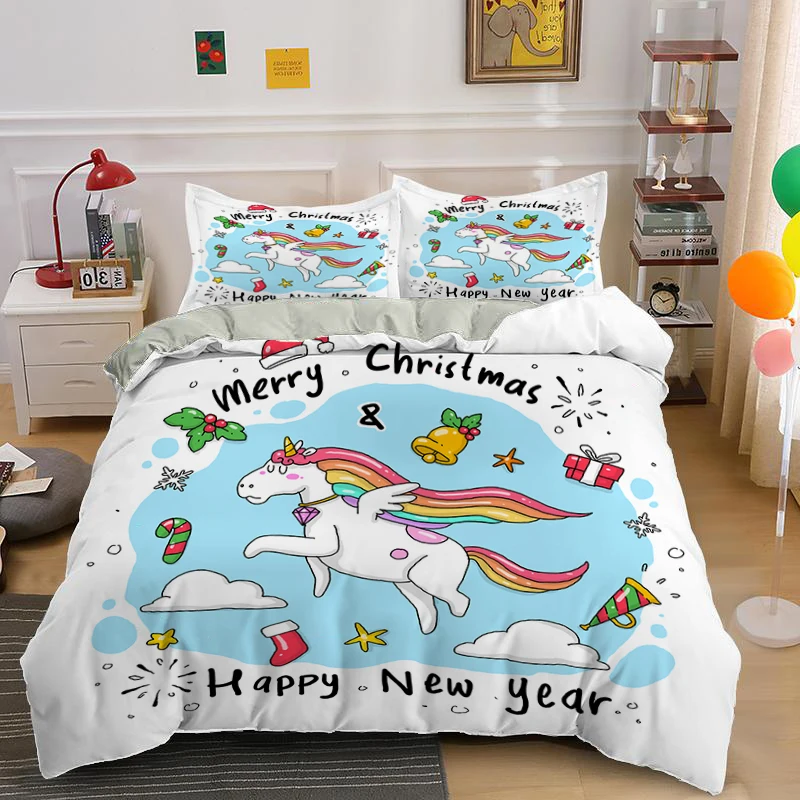 

Cute Cartoon Unicorn Bedding Set Colorful Animal Print Duvet Cover Boy Girl Quilt Covers Pillowcase Merry Christmas Bed Set Gift