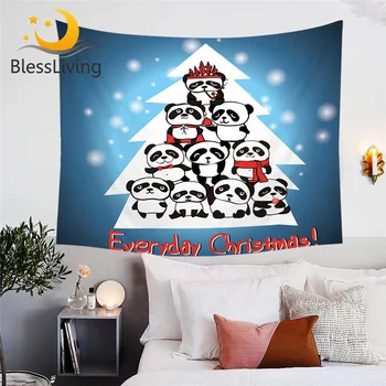 BlessLiving Christmas Tree Tapestry Blue Cartoon Decorative Wall Carpet for Kids Panda Snow Wall Hanging 150x200cm Bedspreads 1