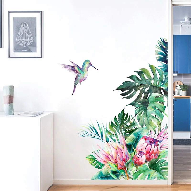 

Tropical leaves flowers bird wall stickers bedroom living room decoration mural home decor decals removable stickers wallpaper