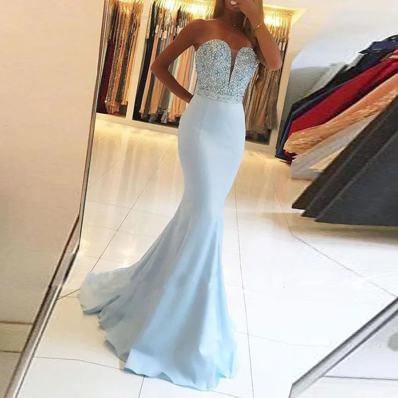 Светильник голубое платье для выпускного вечера вышитое бисером стразы вечерние