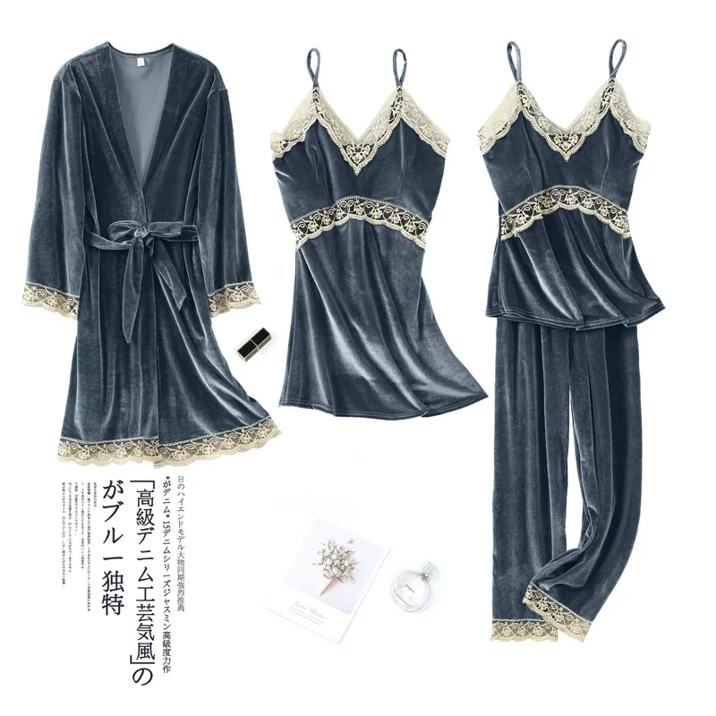 

4 Pieces Winter Velvet Keep Warm Women's Robes Sexy Lace Sleepwear Cardigan Long Sleeve Home Clothes Sets Bathrobe Suit Pyjama