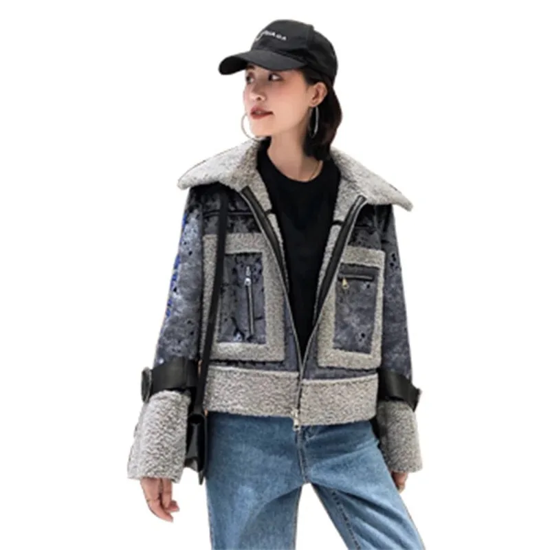 

2020 new faux fur fur one short casual fashion jacket bomber jacket lamb wool sheep shearing slim slimming women's jacket