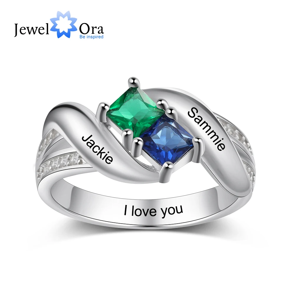 

JewelOra 925 Sterling Silver Custom Square Birthstone Name Ring Personalized Engraved Wedding Engagement Rings for Women Gift