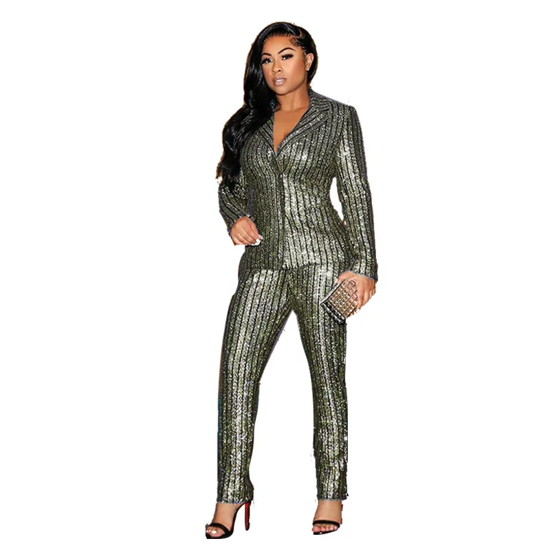 

2021 Autumn Sexy African Women Long Sleeve Sequined Two Pieces Sets Top and Pant African Clothing African Clothes for Women