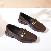 2021 spring autumn women shoes woman solid black leather square heels slip on loafers metal buckle moccasins casual shoes female