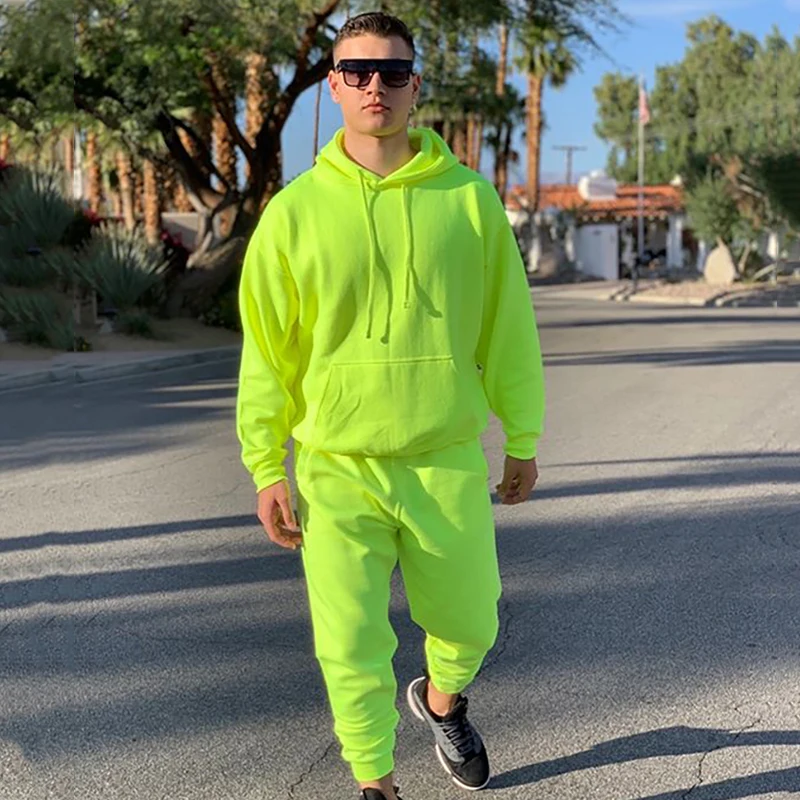 

OMSJ 2021 Fashion Neon Style Mens Sets Fluorescence Green Hooded Sweatshirt+Sweatpants Two Piece Autumn Winter Casual Tracksuit