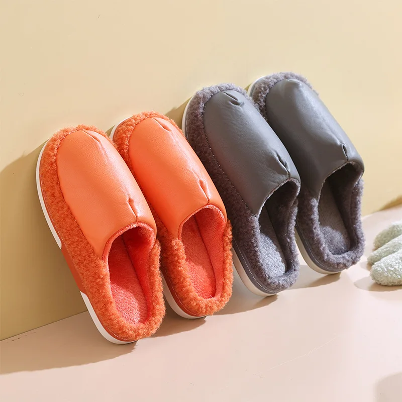 

2022 New Simplicity Waterproof Winter PU Cotton Slippers Female Home Warm Women Shoes Indoor Out Leather Bread with Cotton Shoes