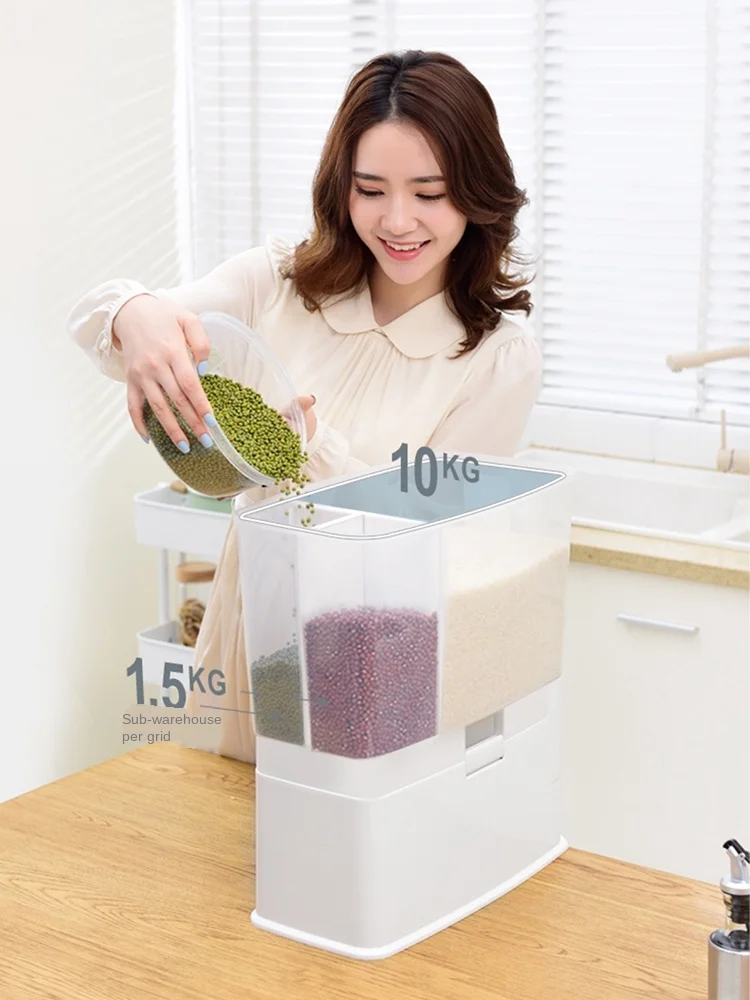 

Бытовой ящик для хранения риса, измерительный цилиндр для риса, влагостойкий, с защитой от насекомых, контейнер для риса с тремя отделениями