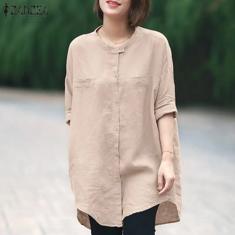

ZANZEA Women Casual Long Sleeve Long Blouse Oversized Elegant Baggy Button Irregular Hem Shirt Autumn Cotton Tunic Tops Chemise