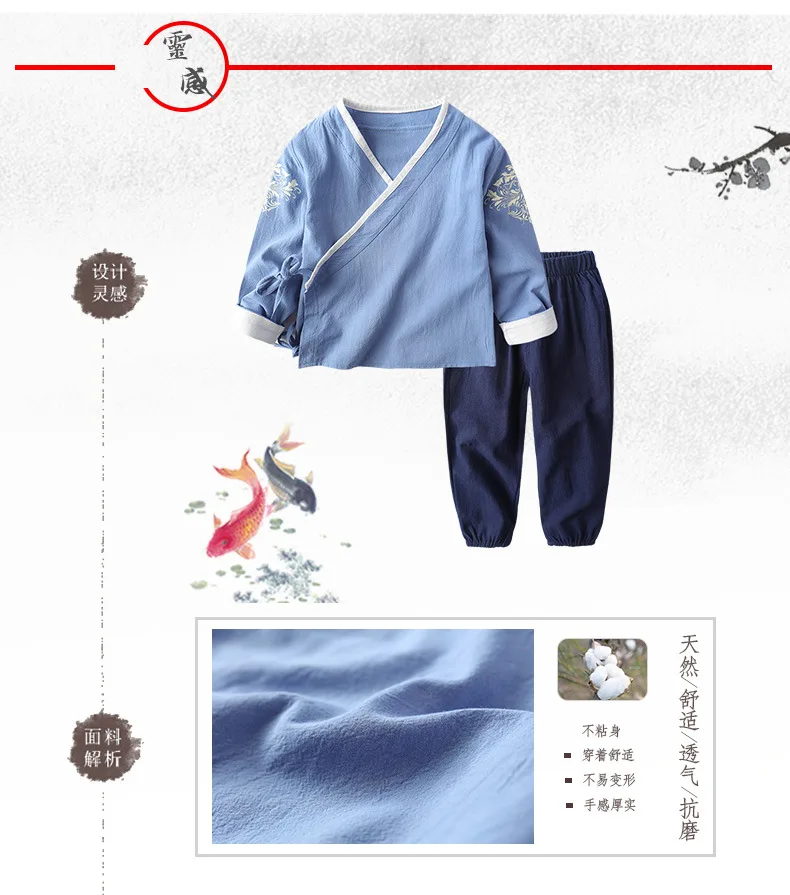 Детский хлопковый льняной традиционный костюм Hanfu Wu Tang в китайском стиле детское кимоно-Униформа «кунг-фу», топы и штаны японская одежда, комплект
