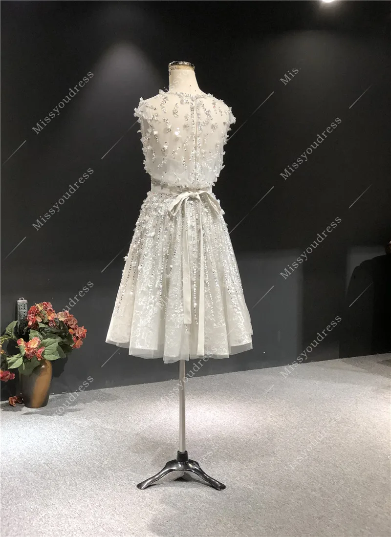 2021 вечерние платья 100% Real Picture Gray O-Neck Heavy Beadings A-line Sleeveless Short-Length Prom Party Bridal Evening Dress