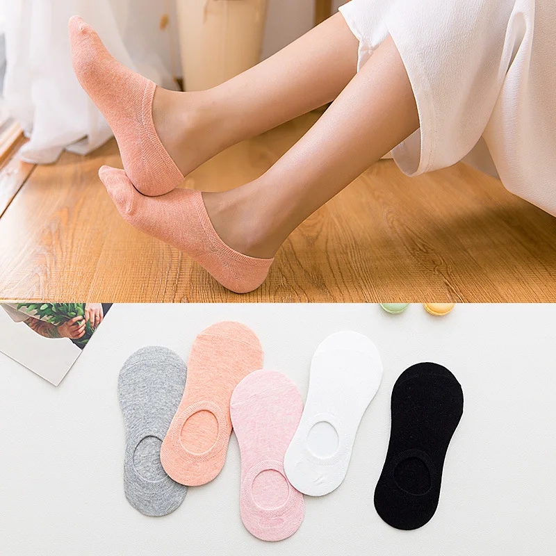 

5 Pairs Ladies Invisible Socks Pure Color Cotton Socks Summer Thin Boat Socks Low Cut Shallow Mouth Silicone Non-slip Socks