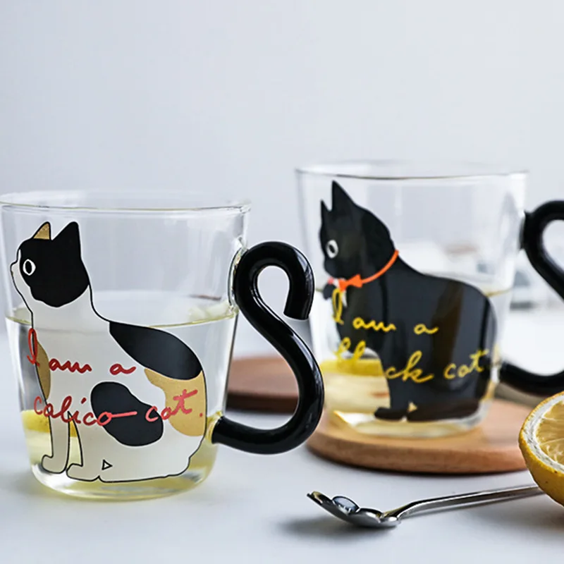 

300ml Coffee Milk Tea Glass Water Cup Cartoon Creative Cute Cat Mug Red Wine Beer Champagne Glasses Kids Bottle Reusable
